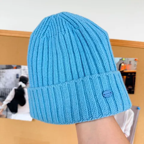 Bonnet en Maille 100% Laine pour Femmes Chaud Hiver Côtelé Couleur Unie Bonnet avec Étiquette Métallique Mode Extérieur