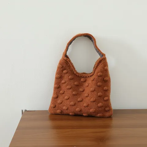 Sac à Main en Tricot Style Coréen pour Femmes Motif Pompons 3D Sac à Main en Tricot de Polyester Petit Sac Fourre-tout de Mode
