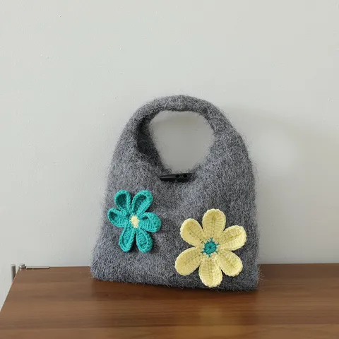 Sac à Main Tricoté Floral Vintage Pour Femmes Automne Hiver Sac Cabas Fleurs 3D Sac à Main Tissé Artistique Rétro Petit Portatif Décontracté
