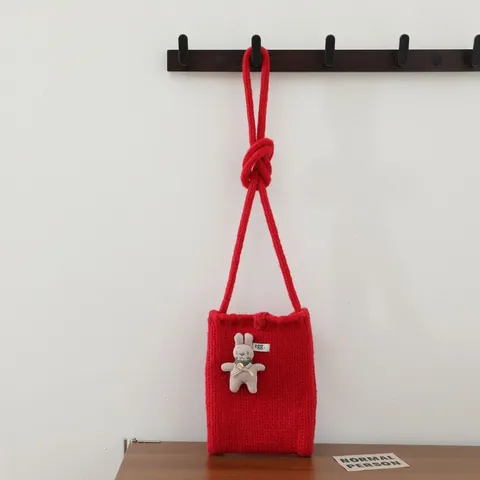 Sac de Téléphone Portable en Tricot Lapin Mignon pour Femmes Sac à Bandoulière Tressé en Polyester Souple Sac à Épaule Esthétique Fait Main