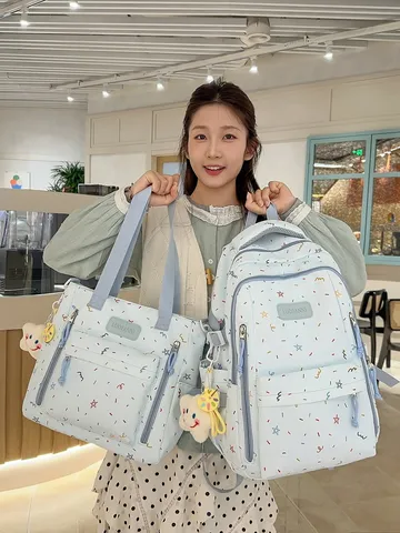 Teenager School Backpack Casual Graffiti Star Print Nylon Bookbag Student Travel Daypack With Tote Bag Set