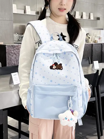 Preppy Stil Gepunktet Canvas Rucksack Süße Tier Patch Schultasche Lässiger Tagesrucksack Für Teenager Mädchen Frauen Reise