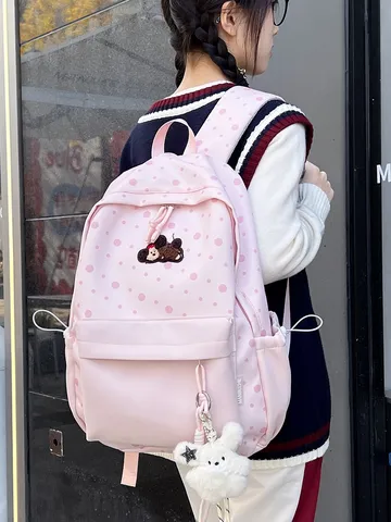 Preppy Stil Gepunktet Canvas Rucksack Süße Tier Patch Schultasche Lässiger Tagesrucksack Für Teenager Mädchen Frauen Reise