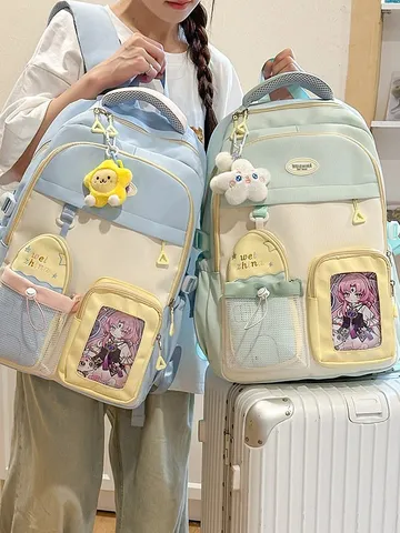 Japanese Style Cute Student Casual Nylon College Bookbag Transparent Pocket Backpack For Teens