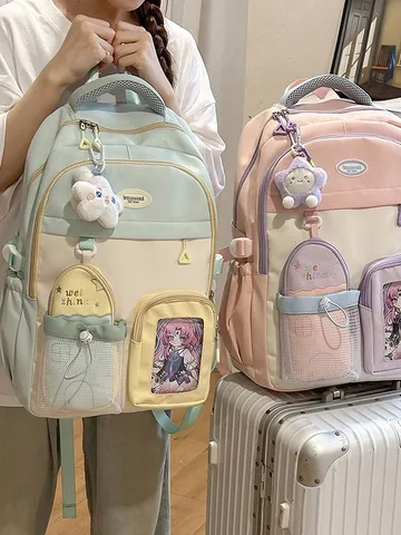 Japanese Style Cute Student Casual Nylon College Bookbag Transparent Pocket Backpack For Teens