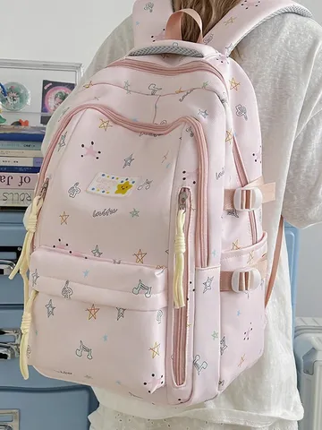 Korean Style Cute Star Note Print Nylon Casual Backpack Large Capacity School Bag For Women Teen Girls Daily Commute