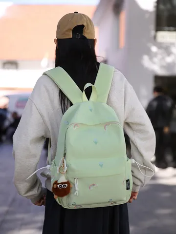 Japanese Cute Embroidered Backpack For Teenage Girls Casual Nylon School Bag With Tulip Rainbow Pattern And Plush Pendant
