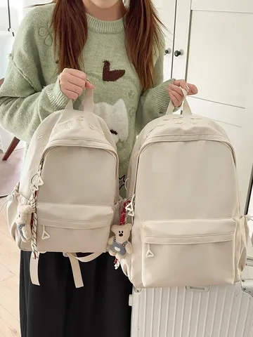 Casual Nylon Backpack Solid Color Cute Student Commuter School Bag With Pendant Fashion Travel Daypack