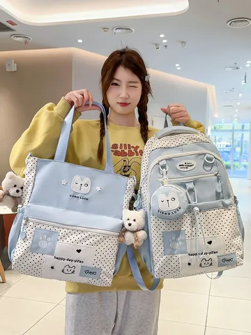 Korean Style Polka Dot Star Large Capacity Casual College Style School Backpack Women Nylon Travel Bookbag
