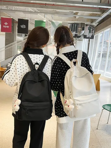 Japanese Style Large Capacity Nylon Backpack Student School Bag Casual Travel Daypack With Cute Bear Pendant
