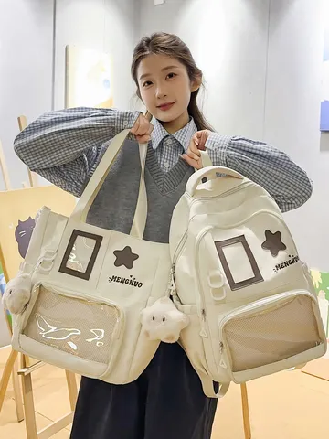Japanese Ins Style Campus Student Backpack And Tote Bag Set Transparent Ita Bag Nylon Casual School Bookbag Travel Daypack
