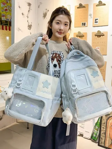 Japanese Ins Style Campus Student Backpack And Tote Bag Set Transparent Ita Bag Nylon Casual School Bookbag Travel Daypack