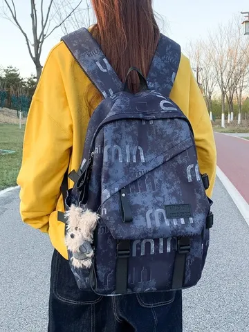 Women Casual Streetwear Canvas Backpack Large Capacity School Bag Travel Computer Rucksack with Letter Print and Pendant