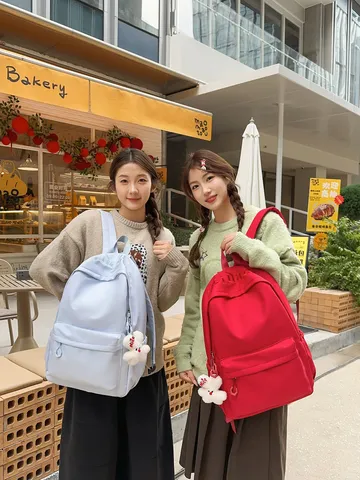 Japanese Style Large Capacity Nylon Backpack Student School Bag Casual Travel Daypack With Cute Bear Pendant