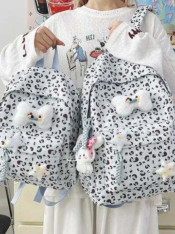 Japanese Ins Style Leopard Print Cute Girls Student School Bag Casual Fashion Nylon Backpack Daily Travel Bookbag