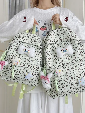 Japanese Ins Style Leopard Print Cute Girls Student School Bag Casual Fashion Nylon Backpack Daily Travel Bookbag