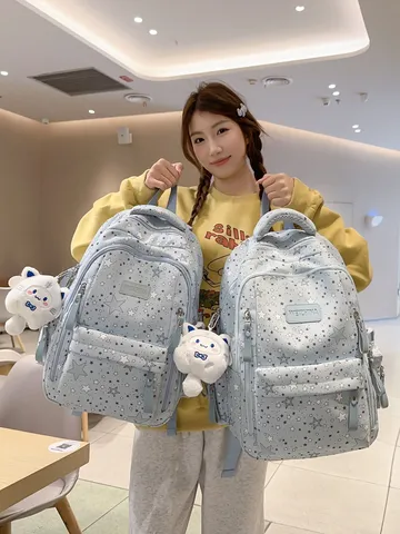Japanese Style Star Print Backpack Casual School Bookbag Lightweight Nylon Travel Daypack For Teen Students Large Capacity