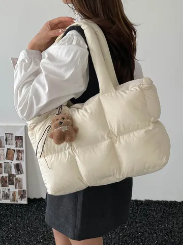 Puff Quilted Tote Bag Soft Padded Cotton Shoulder Bag Casual Large Capacity Zip Crossbody Bag For Women