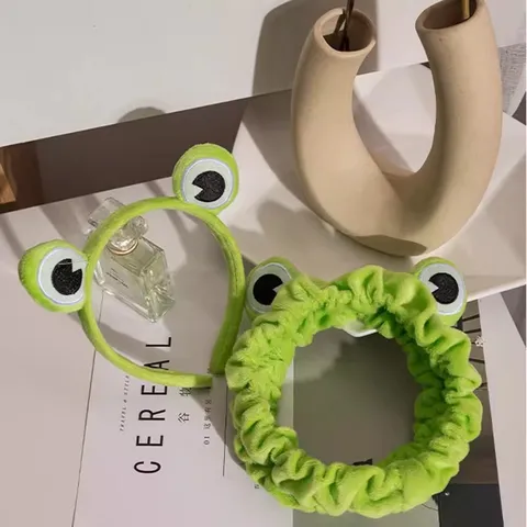 Conjunto De Diadema Y Cinta De Felpa De Rana Verde Lindo Dibujos Animados Suave Sombrerería Para Mujeres Lavado De Cara Diario Accesorio Para El Cabello