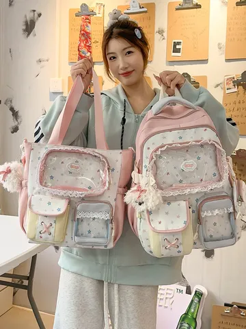 Nylon Colorblock School Backpack And Tote Bag Set With Transparent Pocket And Cute Pendant For Teen Girls
