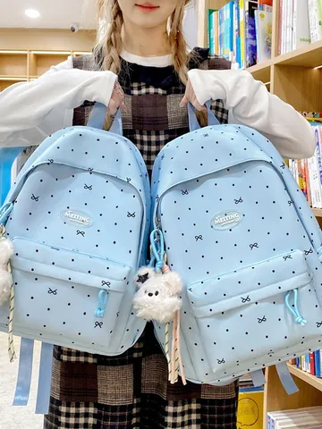Japanese Style Polka Dot Bowknot Backpack Large Capacity School Bag With Cute Bear Pendant For Teen Girls Student Daily