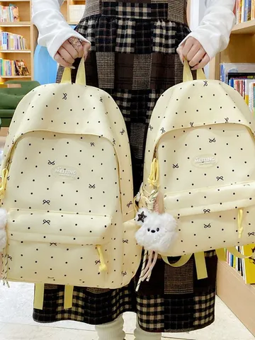 Japanese Style Polka Dot Bowknot Backpack Large Capacity School Bag With Cute Bear Pendant For Teen Girls Student Daily