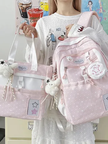 Women Fashion Canvas Backpack Casual Star Print School Bookbag Lightweight Crossbody Bag Set Student Travel Daypack
