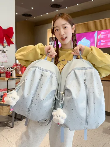 Women Cute Star Print Nylon Casual Backpack Fashion School Bookbag Travel Daypack with Pendants