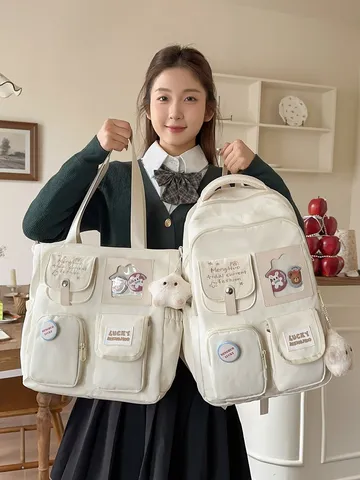 Women School Backpack Dopamine Colorblock Casual Bookbag Multi-pocket Student Daypack Two-Piece Set Travel Bag