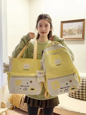 Zaino Scolastico a Pois Dolce Carino Ricamo di Gatto Borsa Casual Con Ciondolo in Peluche Borsa per Studenti Ragazze
