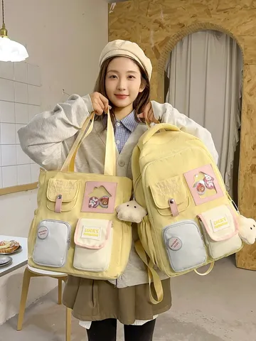 Women School Backpack Dopamine Colorblock Casual Bookbag Multi-pocket Student Daypack Two-Piece Set Travel Bag