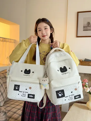 Zaino Scolastico a Pois Dolce Carino Ricamo di Gatto Borsa Casual Con Ciondolo in Peluche Borsa per Studenti Ragazze