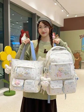 Korean Ins Style Star Print Canvas Backpack Student School Bag Large Capacity Casual Daypack For Teens