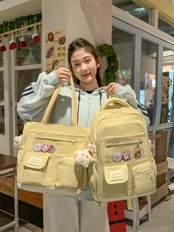Korean Style School Backpack Set Casual Nylon Bookbag Multi Pocket Schoolbag Lightweight Teenager Student Daypack