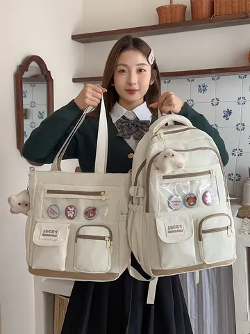 Korean Style School Backpack Set Casual Nylon Bookbag Multi Pocket Schoolbag Lightweight Teenager Student Daypack