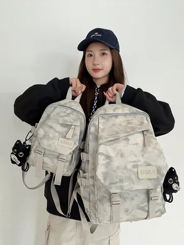 Multifunctional Lightweight Dark Camouflage Backpack For Students Casual Travel Daypack With Cat Pendant