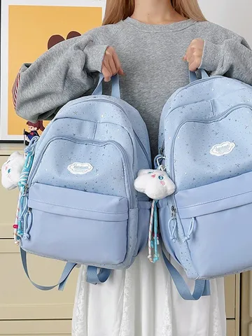 Women Casual Nylon Backpack Star Print School Bookbag Cute Sweet Travel Daypack With Cloud Pendant