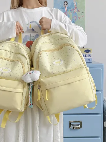 Women Casual Nylon Backpack Star Print School Bookbag Cute Sweet Travel Daypack With Cloud Pendant