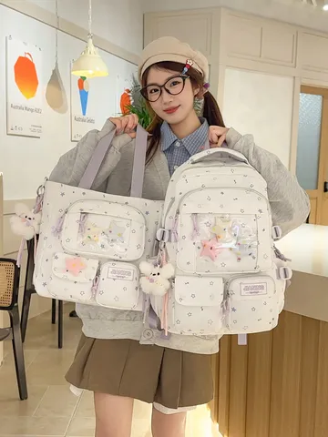 Japanese Ins Style Star Print Nylon Ita Backpack Cute School Bookbag Casual Daypack With Kawaii Pendants Women Bags
