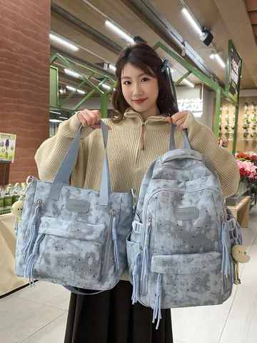 Ins Style Star Moon Print Nylon School Backpack Casual Student Bookbag Large Capacity Daypack For Teens