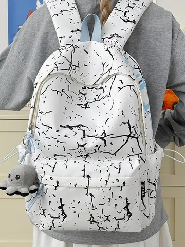 Γυναικείο Casual Σακίδιο Nylon Μεγάλης Χωρητικότητας Σχολική Τσάντα Μαύρο Λευκό Σχέδιο Crackle Καθημερινή Τσάντα Με Κρεμαστό