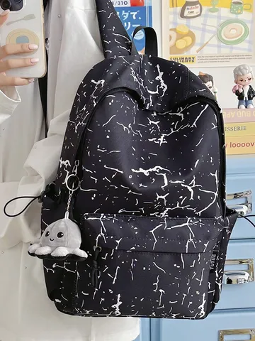 Γυναικείο Casual Σακίδιο Nylon Μεγάλης Χωρητικότητας Σχολική Τσάντα Μαύρο Λευκό Σχέδιο Crackle Καθημερινή Τσάντα Με Κρεμαστό