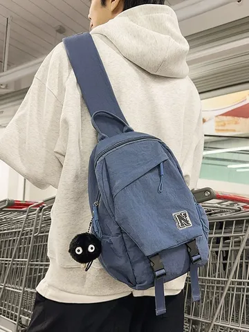 Unisex Casual Nylon Chest Bag Waterproof Crossbody Daypack With Cute Plush Pendant Multi Pocket Fashion Waist Pack