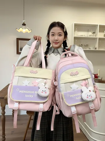 Kids School Backpack Cute Color Block Casual Bookbag Large Capacity Multi Compartment School Bag For Girls