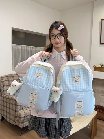 Japanese Style Cute Plaid Backpack Casual Large Capacity School Bag Student Bookbag With Cute Bear Pendant For Women