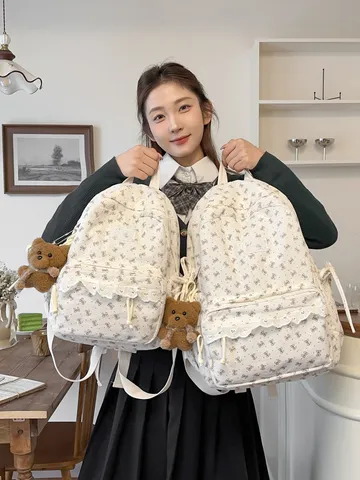 Korean Ins Style Corduroy School Backpack For Women Girls Cute Bow Lace Casual Travel Bookbag With Bear Pendant
