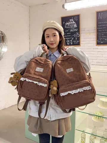 Korean Ins Style Corduroy School Backpack For Women Girls Cute Bow Lace Casual Travel Bookbag With Bear Pendant