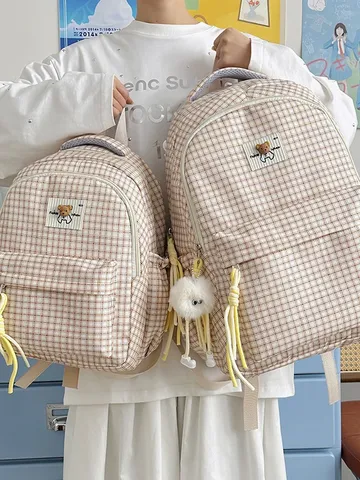 Sweet Plaid Backpack Cute Japanese Ins Style Casual School Bookbag With Plush Pendant For Teen Girls Children