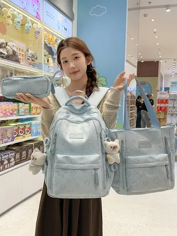 School Style Large Capacity Waterproof Nylon Casual Backpack With Star Print And Cute Bear Pendant For Students Girls Bookbag