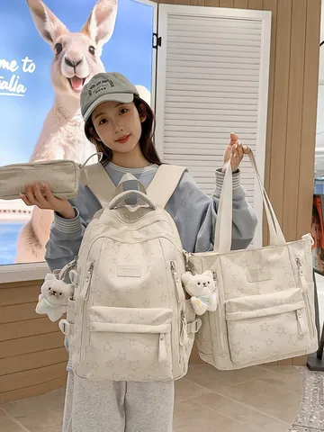 School Style Large Capacity Waterproof Nylon Casual Backpack With Star Print And Cute Bear Pendant For Students Girls Bookbag